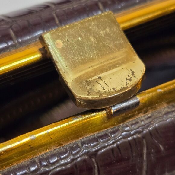 Vtg 50's Womens Handbag Faux Crocodile Embossed Satchel Gold Clasp Top Handle - Picture 8 of 12